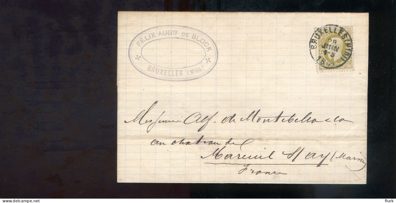 België OCB32 Gestempeld Op Brief Bruxelles-Mareuil-sur-Ay 1884 Perfect (2 Scans) - 1869-1883 Leopoldo II