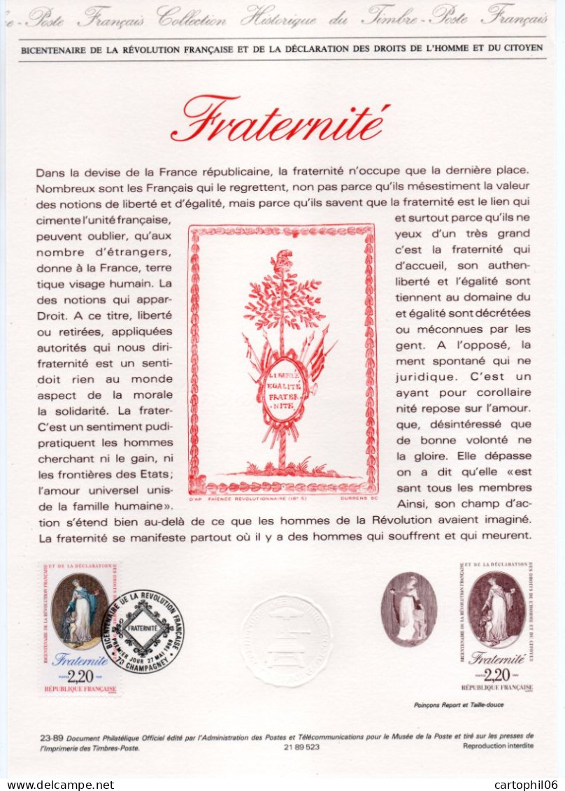 - Document Premier Jour BICENTENAIRE DE LA RÉVOLUTION FRANCAISE : Fraternité - CHAMPAGNEY 27.5.1989 - - Révolution Française