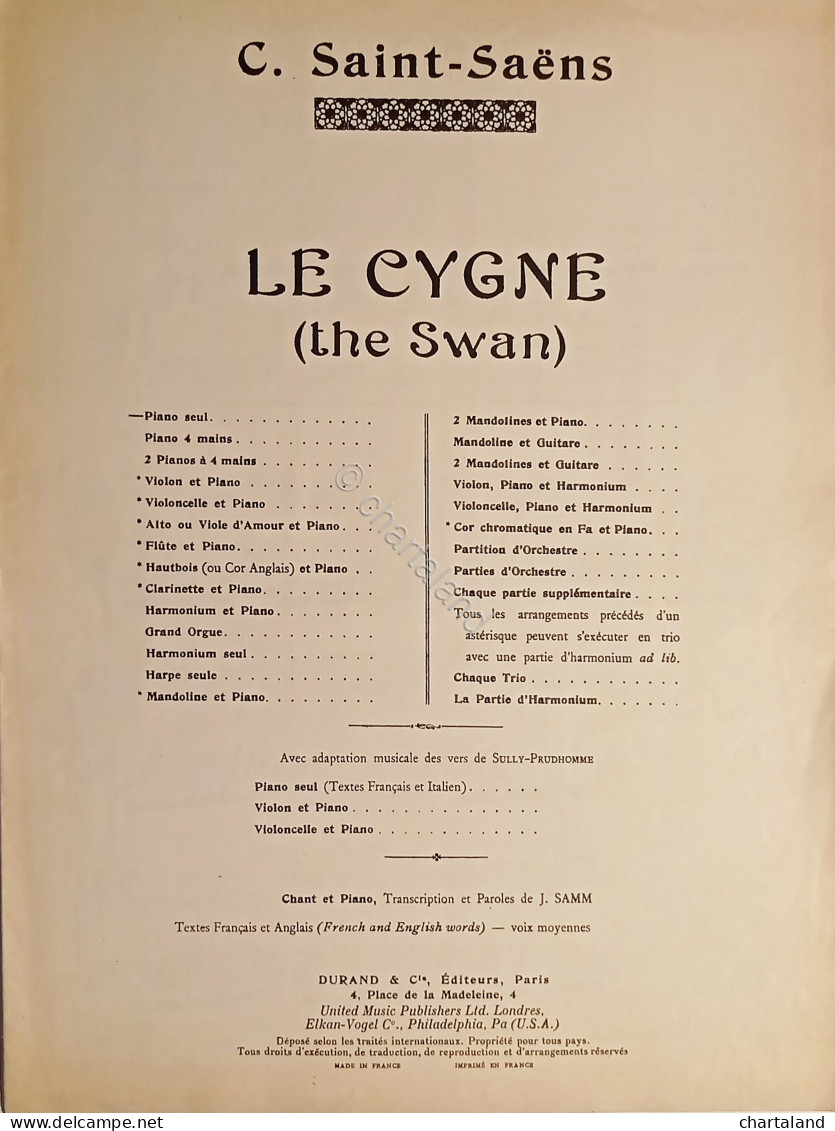 Spartiti - Le Cygne - Mélodie Pour Violoncelle Et Piano - C. Saint-Saens - Non Classés