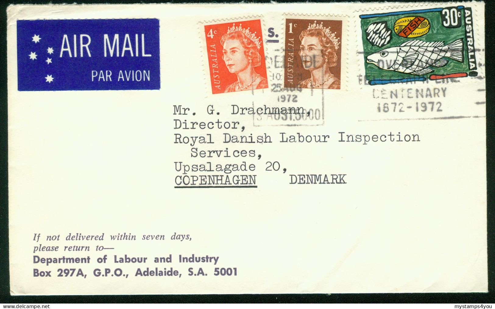 Br Australia, Adelaide 1972 Cover > Denmark (Department Of Labour And Industry (MiNr 493) #bel-1043 - Covers & Documents