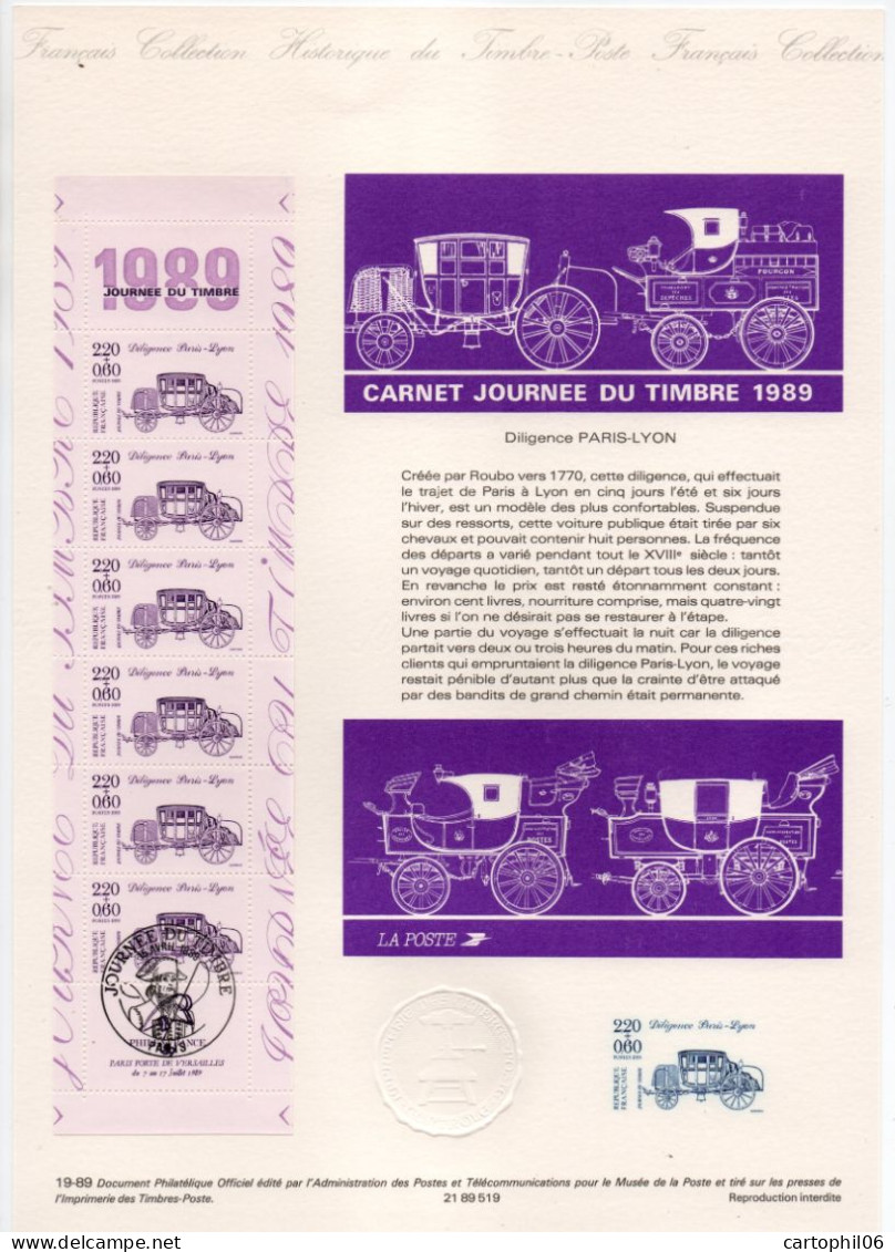 - Document Premier Jour Bande JOURNÉE DU TIMBRE - DILIGENCE PARIS-LYON - PARIS 15.4.1989 - - Stamp's Day