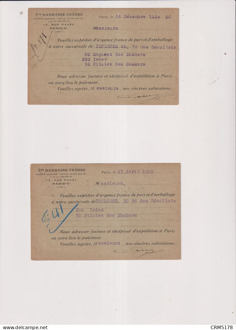 TP ENTIER S/ 2.C.P.20 CTS SEMEUSE BRUN REPIQUEE-ETS DARRASSE FRERES-PARIS1925 ET 1924-10 € LES 2 - 1921-1960: Période Moderne