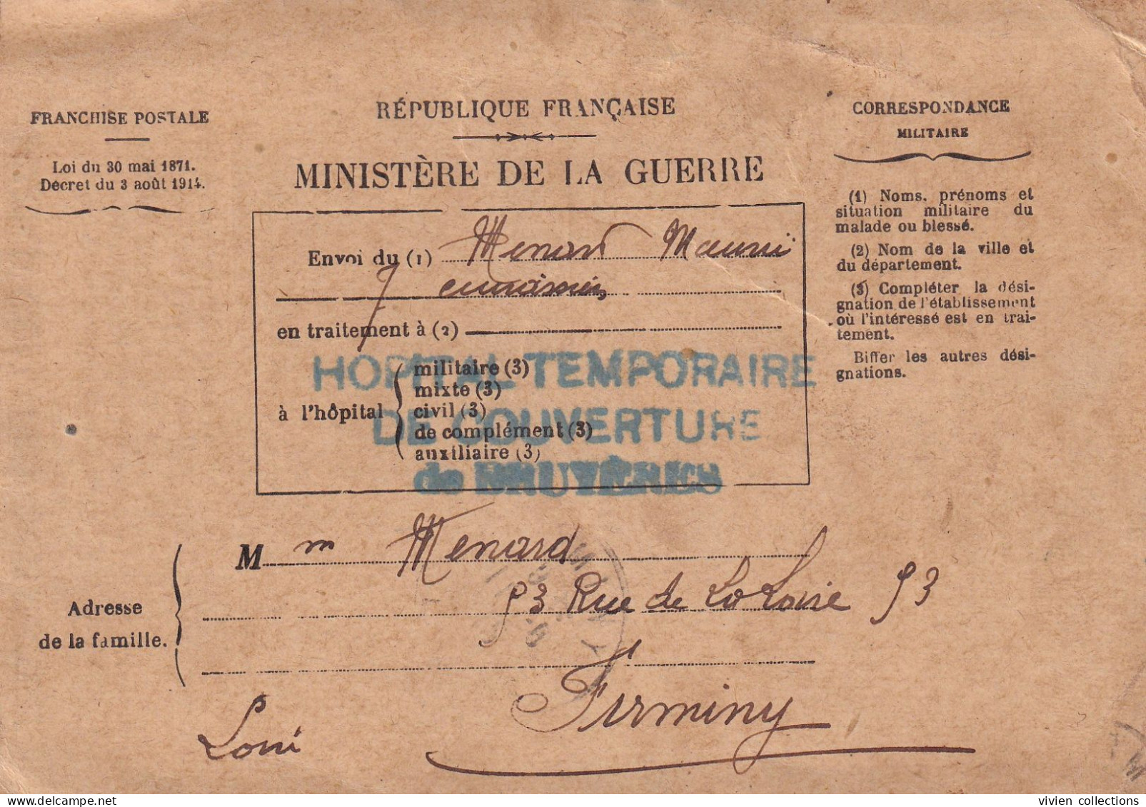 Bruyères (88 Vosges) Tampon Hôpital Temporaire De Couverture Carte Franchise Militaire Bulletin De Santé 1915 Firminy 42 - Guerre De 1914-18