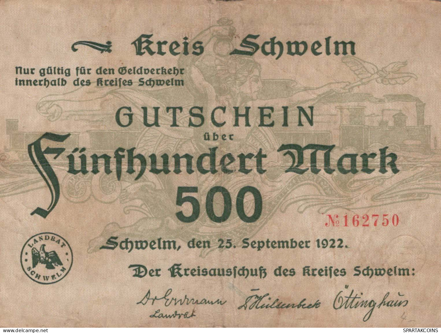 500 MARK 1922 Stadt SCHWELM Westphalia DEUTSCHLAND Notgeld Papiergeld Banknote #PK879 - Lokale Ausgaben