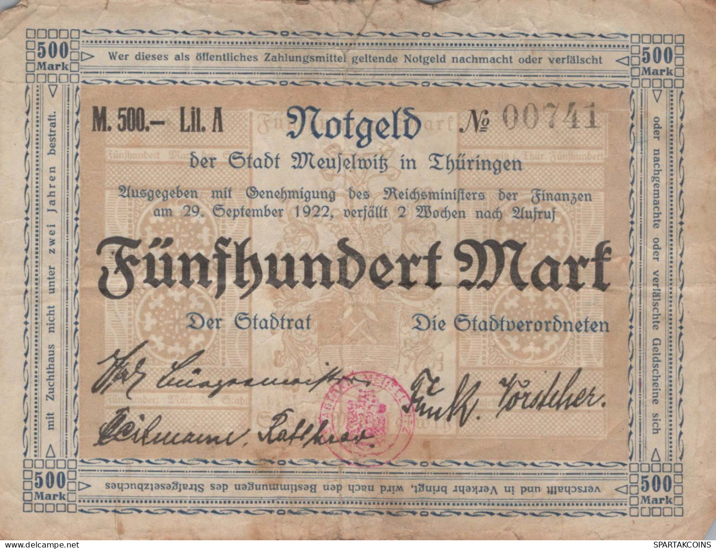 500 MARK 1922 Stadt MEUSELWITZ Thuringia DEUTSCHLAND Notgeld Papiergeld Banknote #PK860 - Lokale Ausgaben