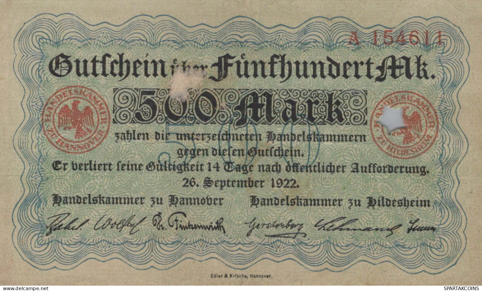 500 MARK 1922 Stadt HANOVER Hanover DEUTSCHLAND Notgeld Papiergeld Banknote #PK834 - Lokale Ausgaben