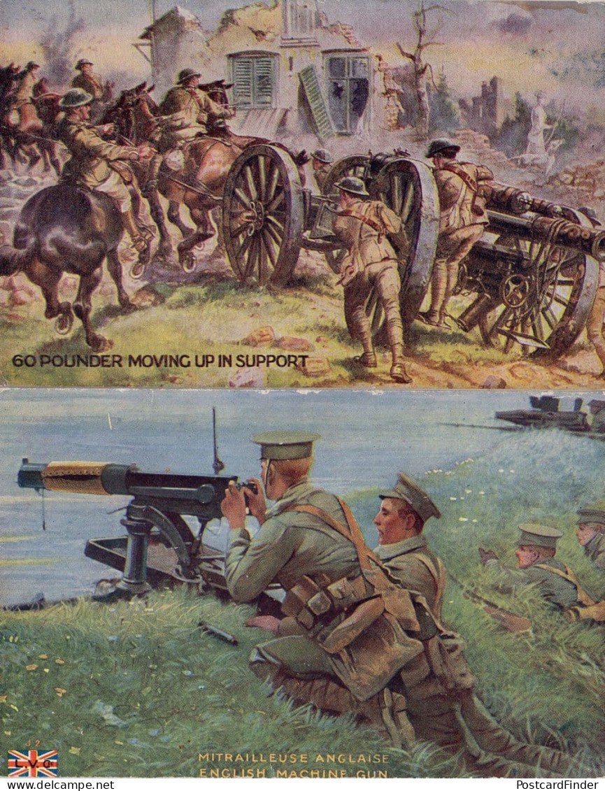 English Machine Gun 60 Pounder Moving Up In Support WW1 2x Postcard S - War 1914-18