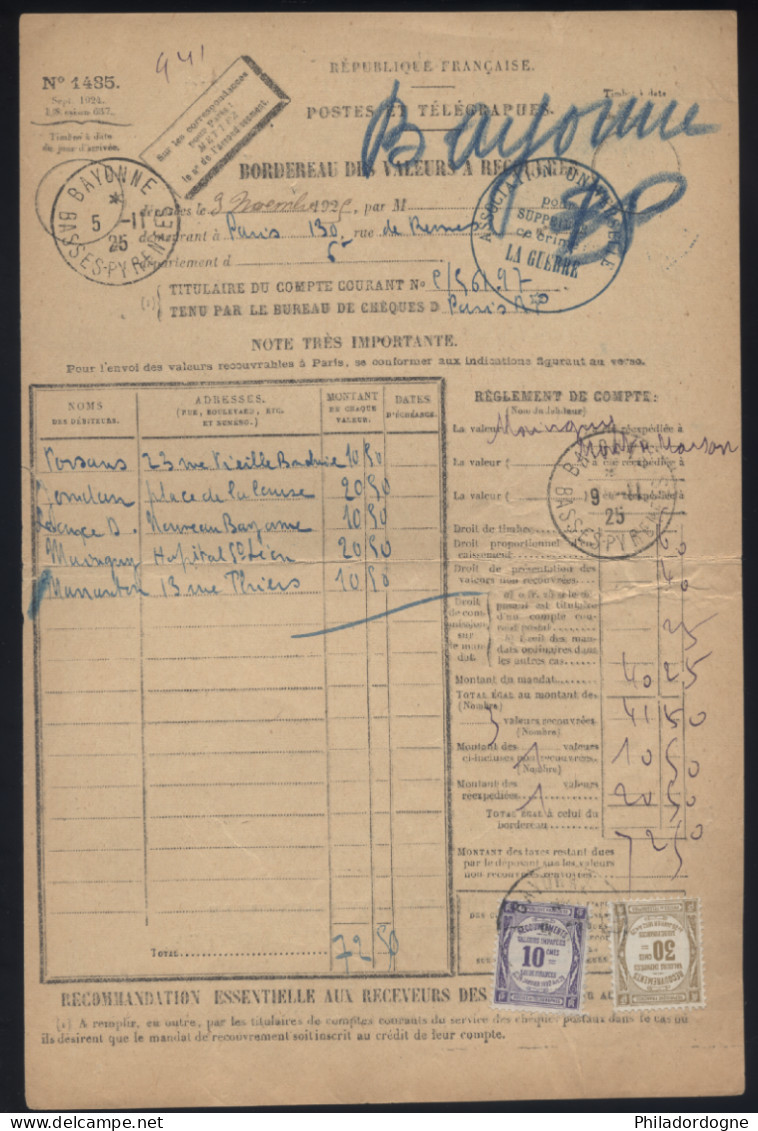 Taxe Yvert N° 44 Et 46 Sur Bordereau N° 1485 - Cachet Association Universelle Pour Supprimer Ce Crime La Guerre - 1859-1959 Covers & Documents