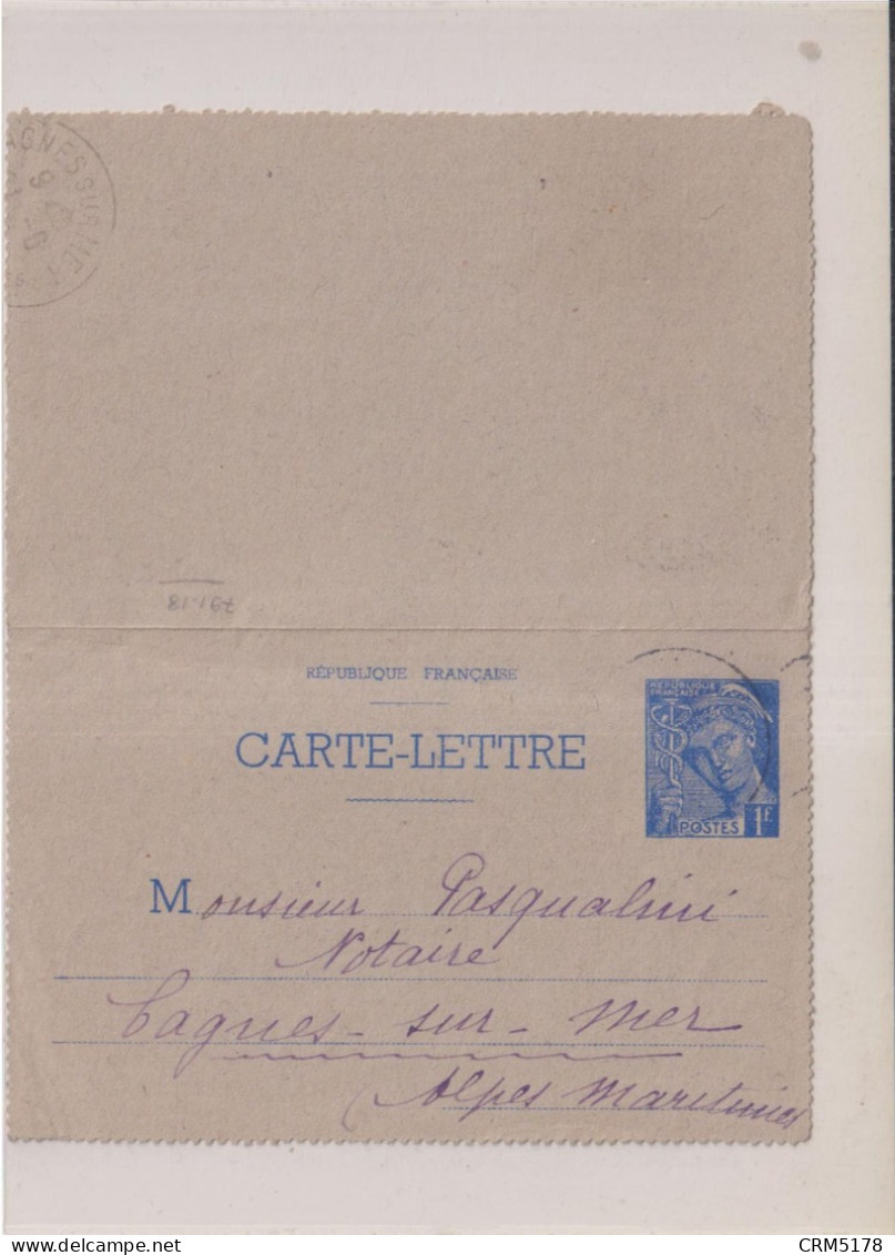 TP ENTIER S/ CARTE-LETTRE 1 F.MERCURE BLEU-OB-1941 - 1921-1960: Periodo Moderno