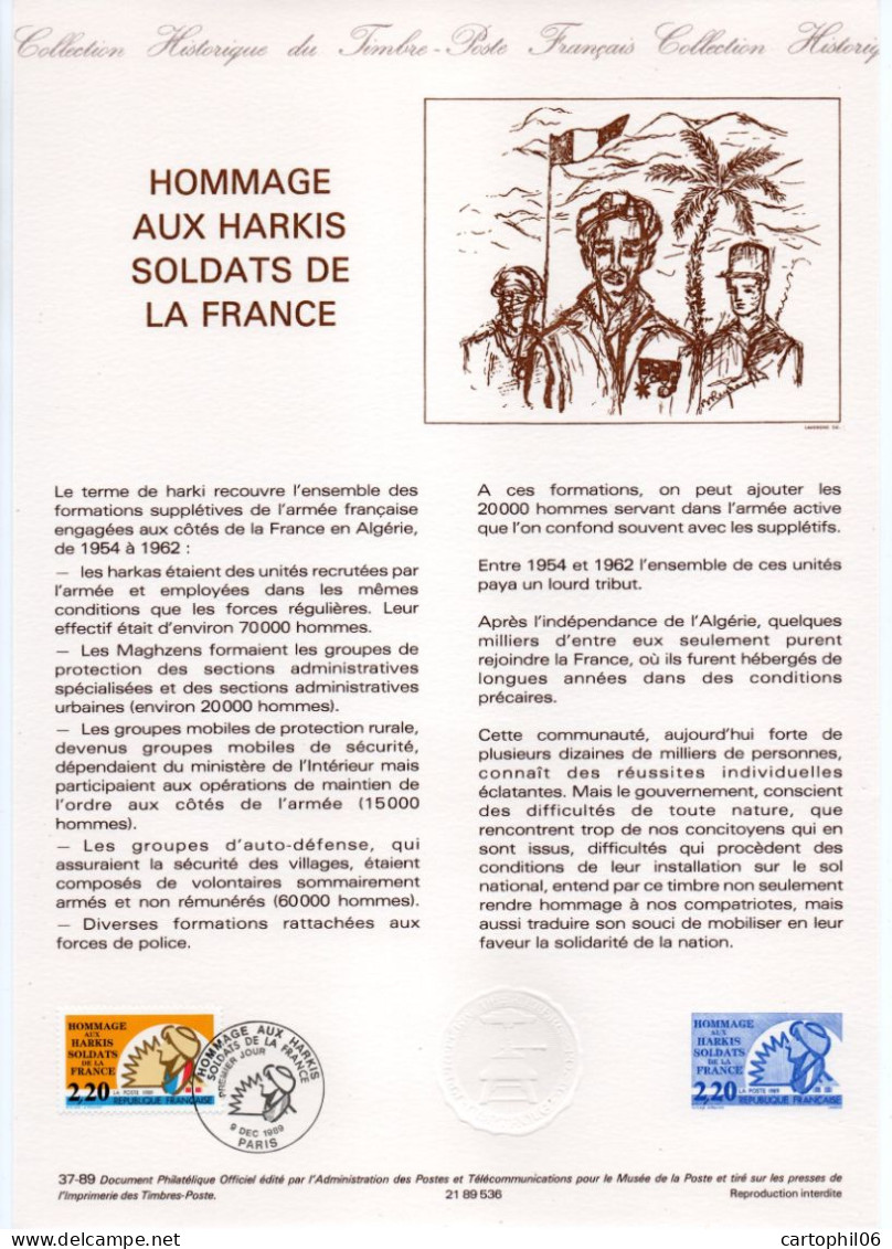 - Document Premier Jour HOMMAGE AUX HARKIS - SOLDATS DE LA FRANCE - PARIS 9.12.1989 - - Militares