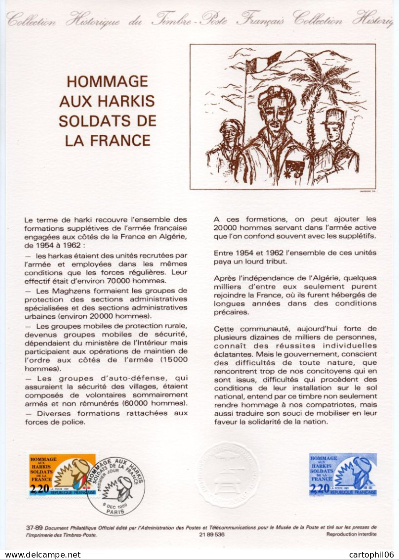 - Document Premier Jour HOMMAGE AUX HARKIS - SOLDATS DE LA FRANCE - PARIS 9.12.1989 - - Militaria