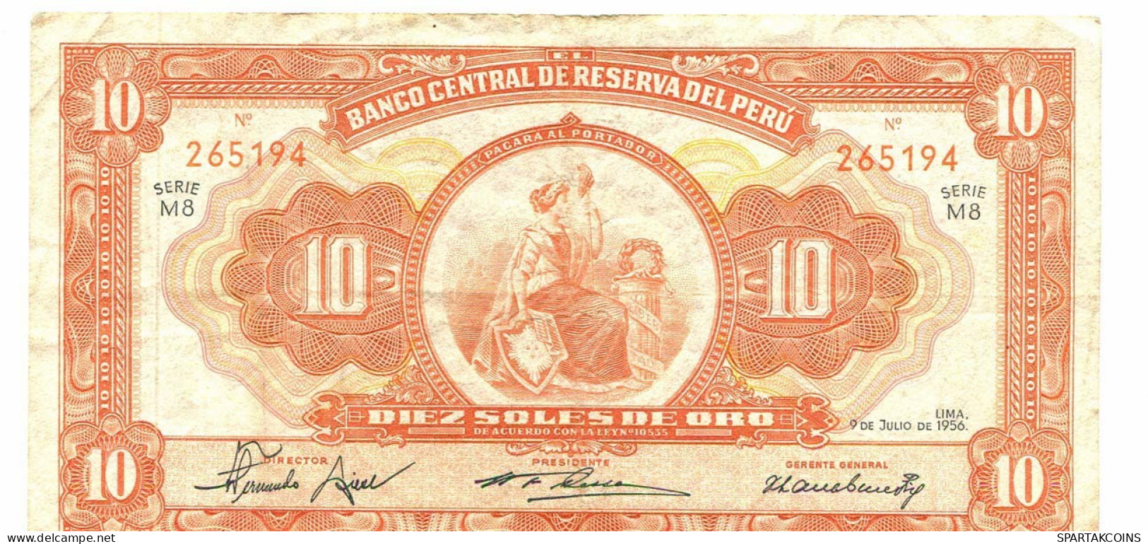 PERU 10 SOLES DE ORO 1956 SERIE M8 Paper Money Banknote #P10791.4 - Lokale Ausgaben