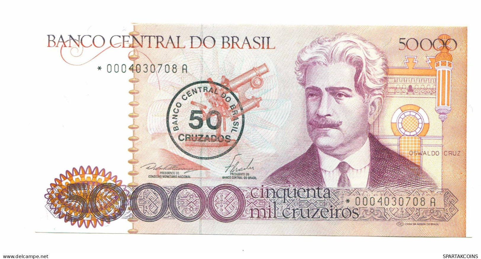 BRAZIL REPLACEMENT NOTE Star*A 50 CRUZADOS ON 50000 CRUZEIROS 1986 UNC P10985.6 - Lokale Ausgaben