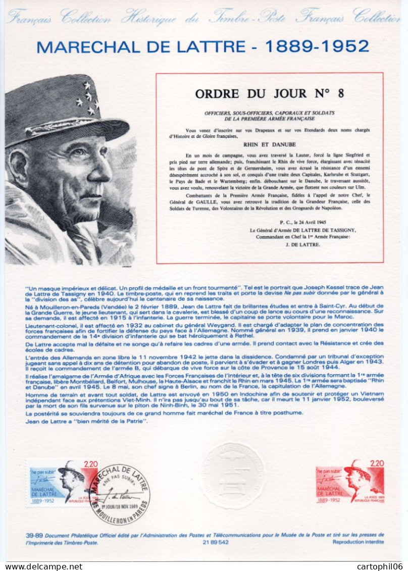 - Document Premier Jour LE MARÉCHAL DE LATTRE (1889-1952) - MOUILLERON EN PAREDS 18.11.1989 - - Militaria