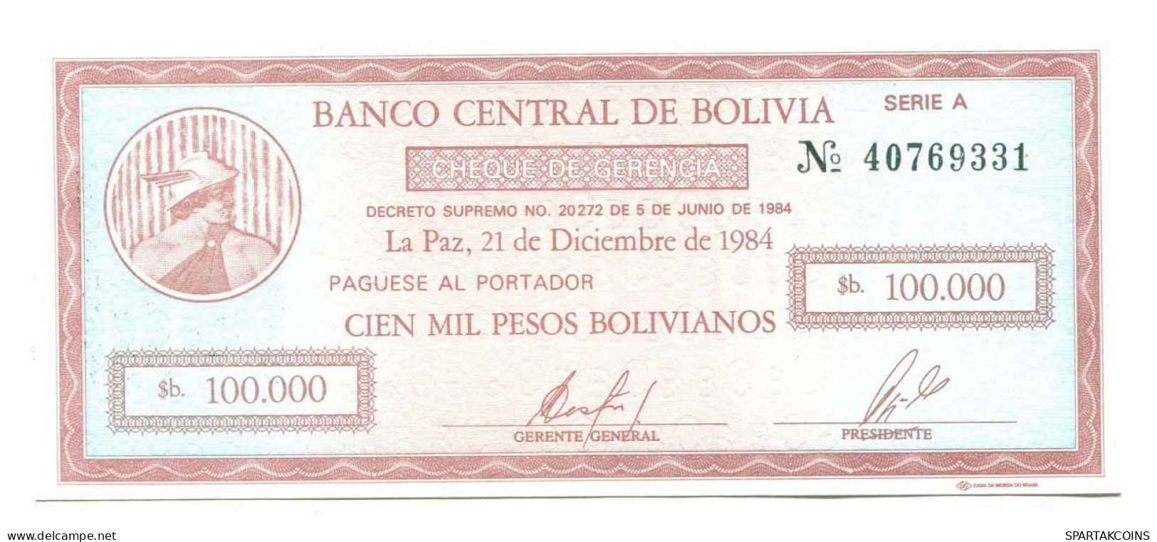 BOLIVIA 10 CENTAVOS ON 100 000 PESOS BOLIVIANOS 1984 SERIE A AUNC #P10818.4 - [11] Local Banknote Issues