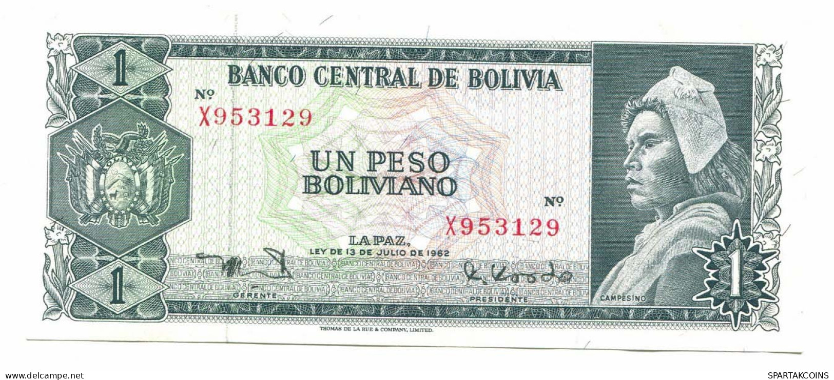 BOLIVIA 1 PESO 1962 AUNC Paper Money Banknote #P10786.4 - [11] Local Banknote Issues