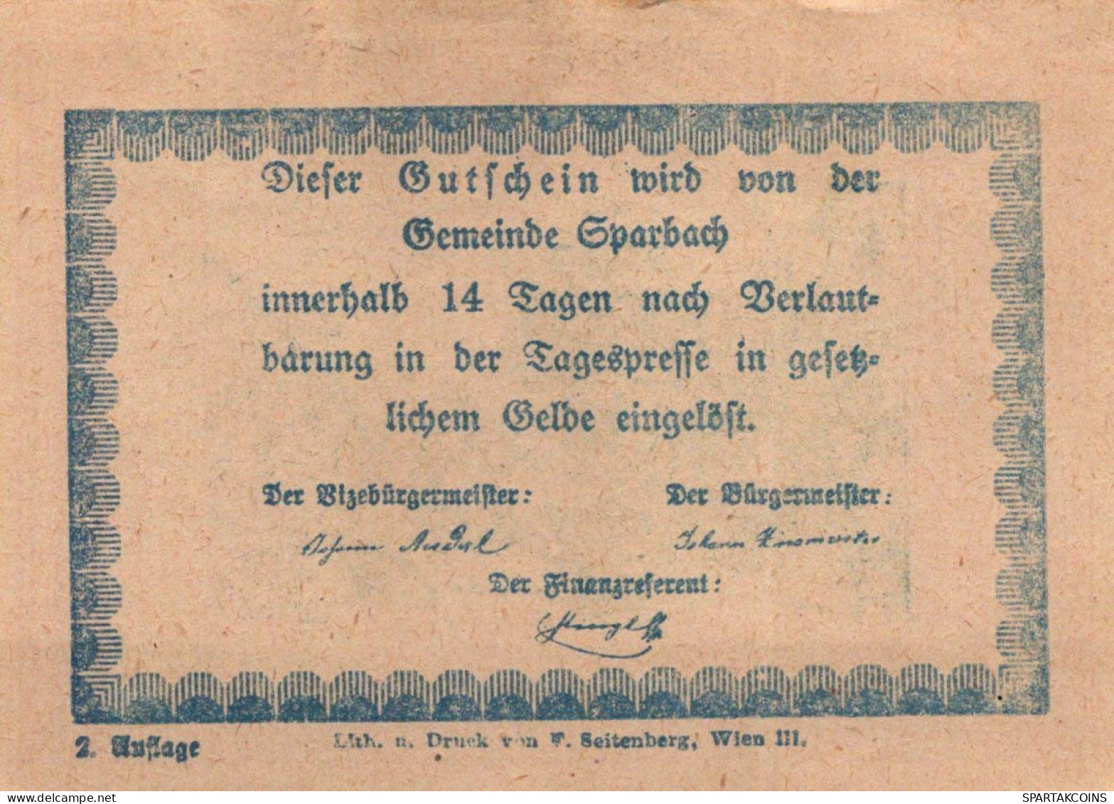 80 HELLER Stadt Sparbach Niedrigeren Österreich Notgeld Papiergeld Banknote #PG996 - [11] Local Banknote Issues