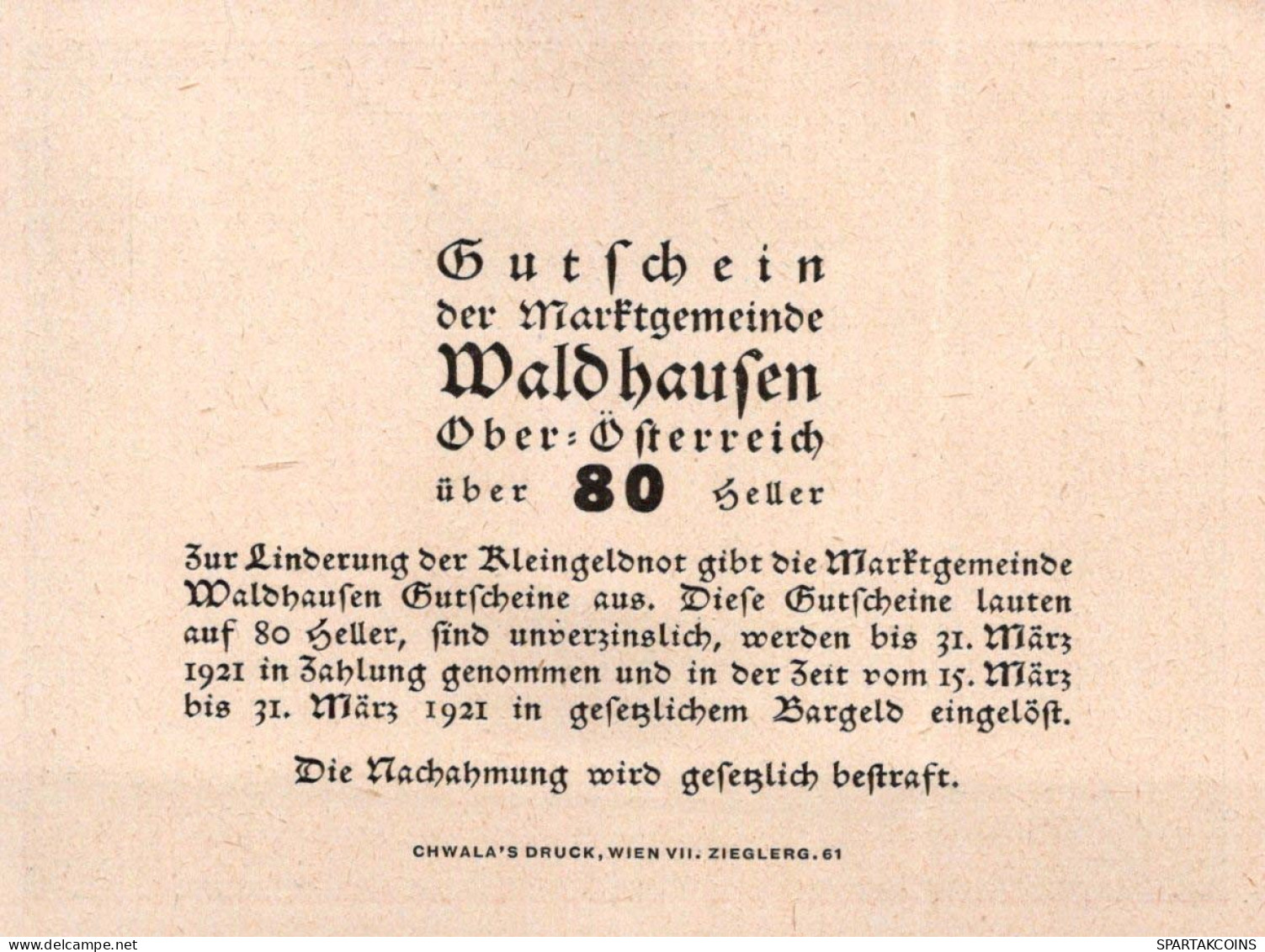 80 HELLER 1920 Stadt WALDHAUSEN Oberösterreich Österreich Notgeld Papiergeld Banknote #PG741 - [11] Emissions Locales