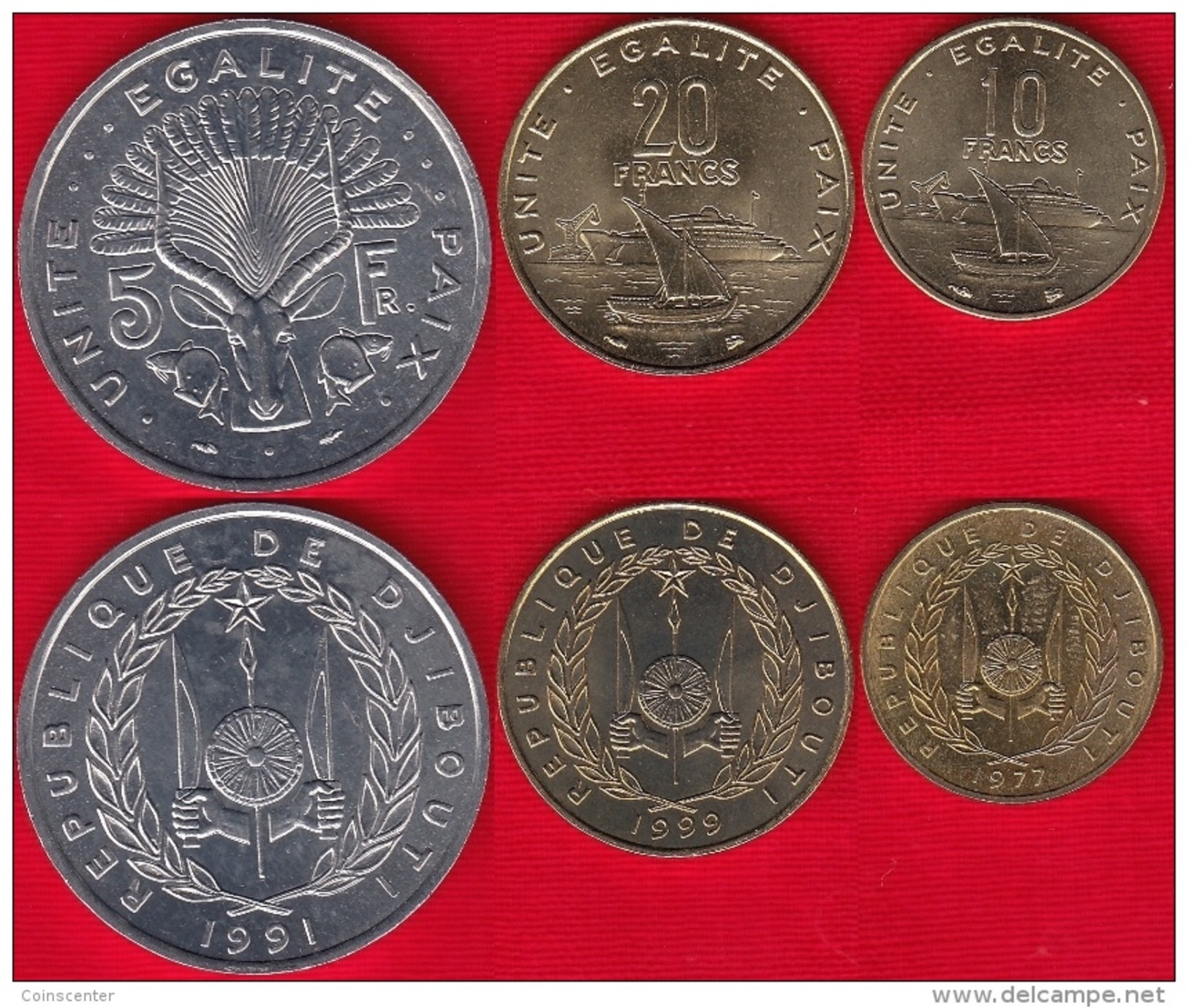 Djibouti Set Of 3 Coins: 5 - 20 Francs 1977-1999 UNC - Gibuti