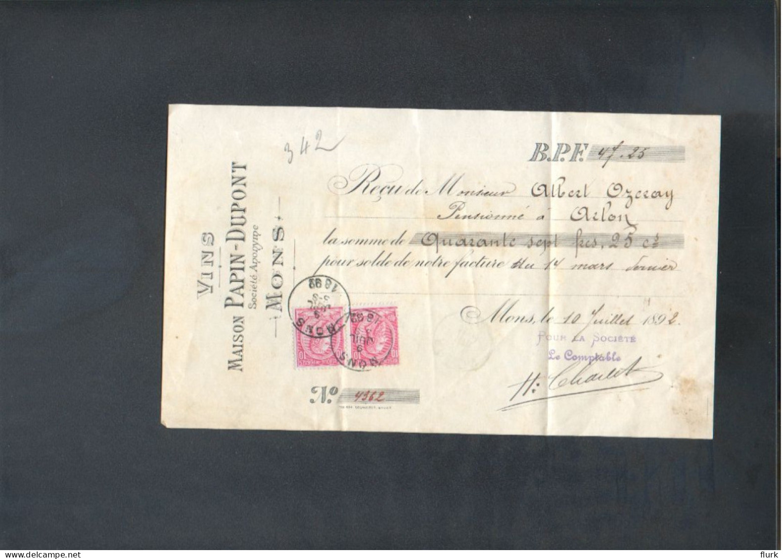 België OCB46 Gestempeld Op Kwitantie Mons 1892 Perfect - 1884-1891 Leopoldo II