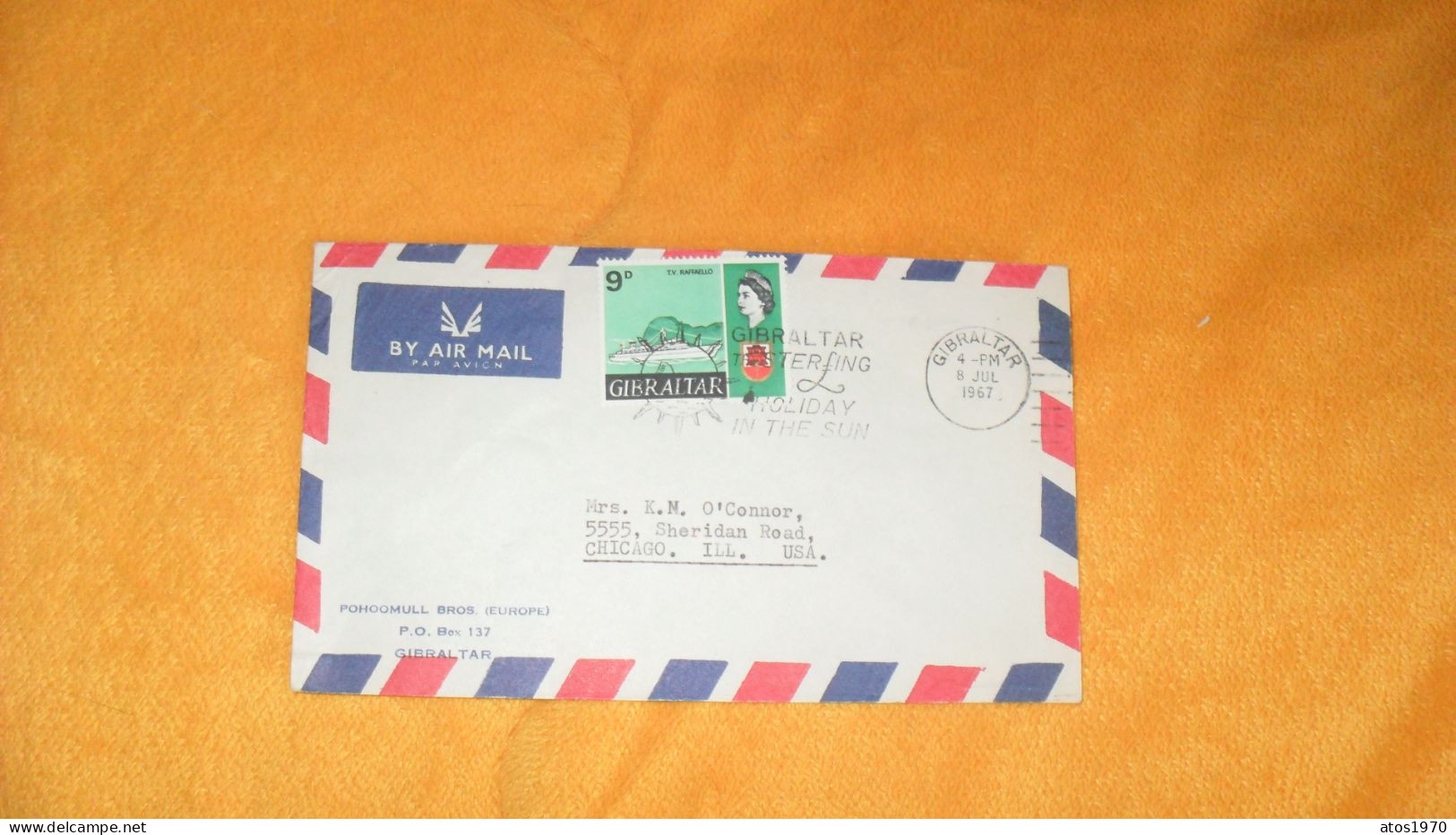 ENVELOPPE ANCIENNE DE 1967../ POHOOMUL BROS EUROPE...CACHET GIBRALTAR POUR CHICAGO ILL. USA + FLAMME + TIMBRE.. - Gibraltar