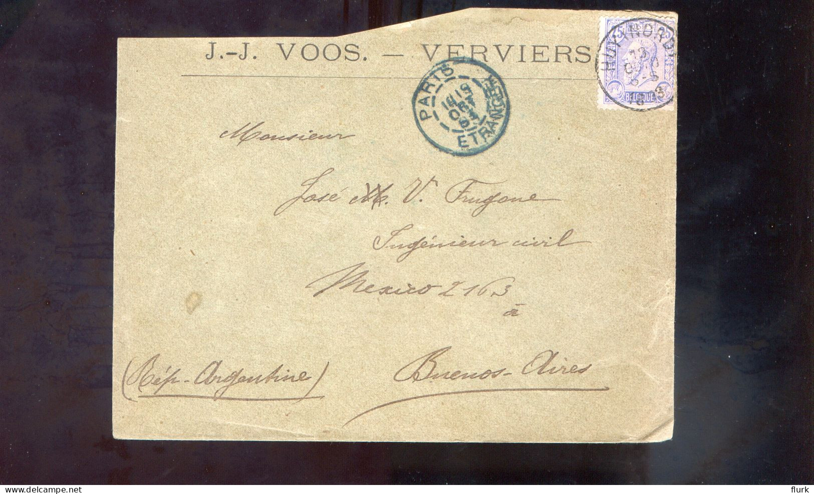 België OCB48 Gestempeld Op Brief Huy (Nord) - Buenos Aires 1893 (2 Scans) - 1884-1891 Léopold II