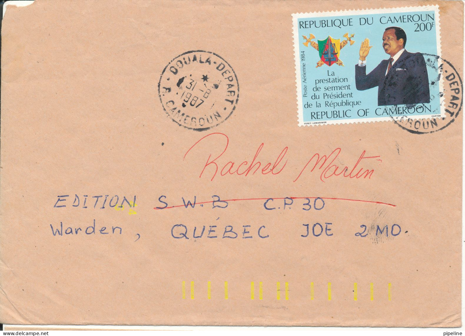 Cameroon Registered Cover Sent To Canada 31-8-1987 Single Franked - Kamerun (1960-...)
