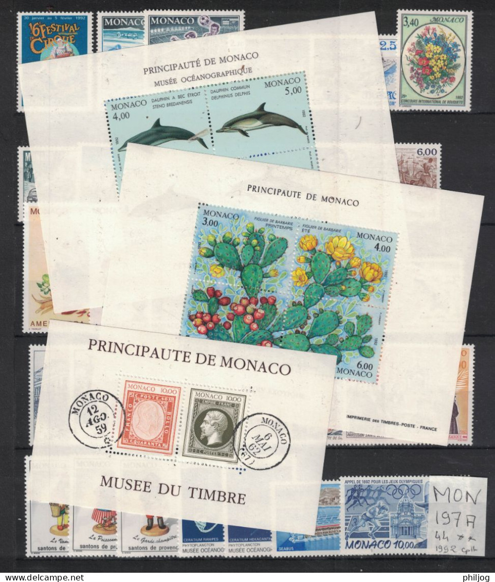 Monaco - Année 1992 Complète - Neuve SANS Charnière - 44 Timbres Du 1810 à 1853 + Préo, 1 BF,  2 Carnets - MNH Year 1992 - Full Years