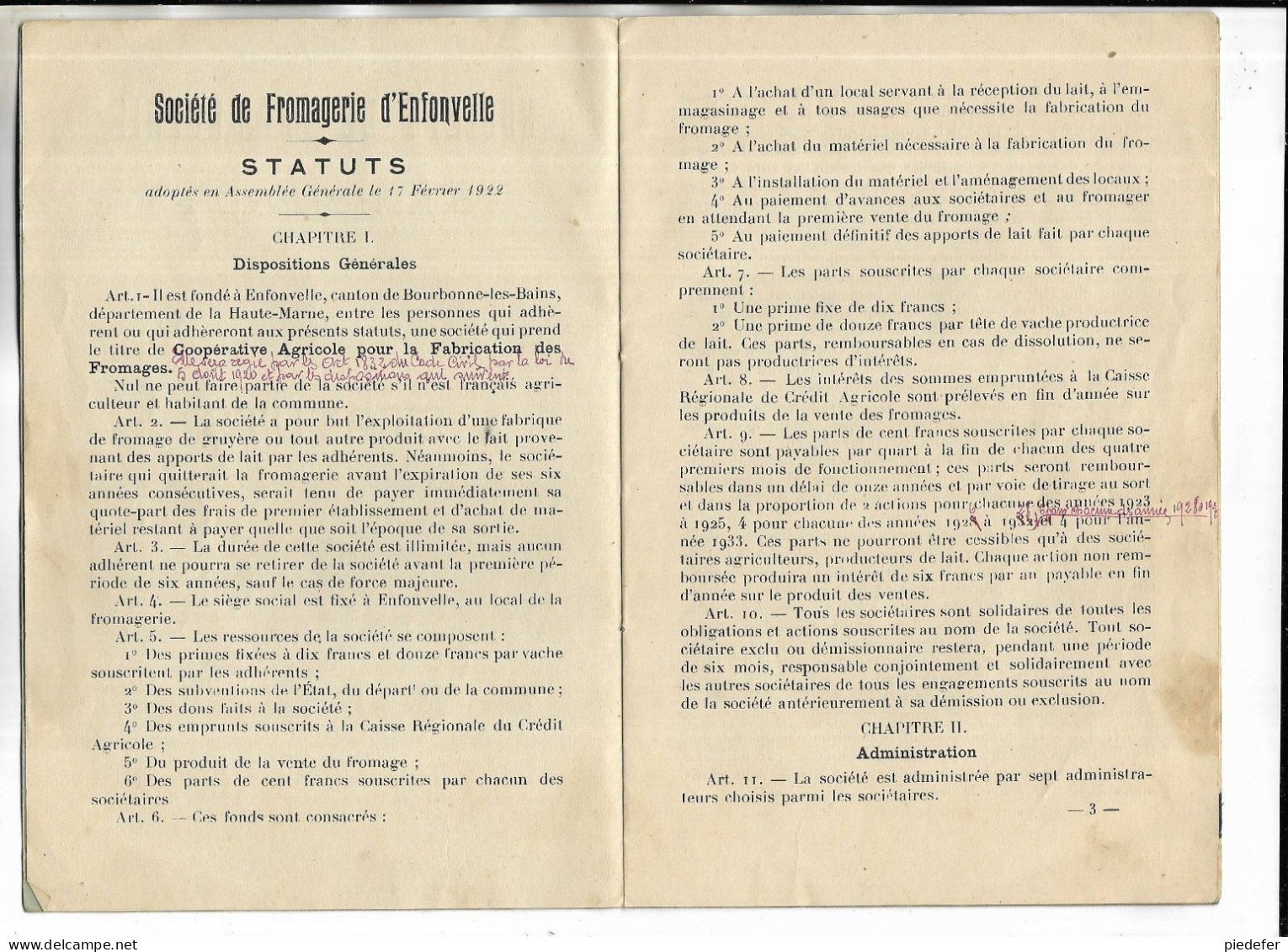 52 - Livre Sur Les " STATUTS De La Société De Fromagerie D' ENFONVELLE "Haute-Marne ( 1922 Et 1923 ) - Champagne - Ardenne