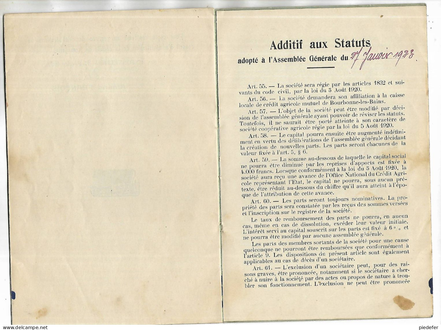 52 - Livre Sur Les " STATUTS De La Société De Fromagerie D' ENFONVELLE "Haute-Marne ( 1922 Et 1923 ) - Champagne - Ardenne