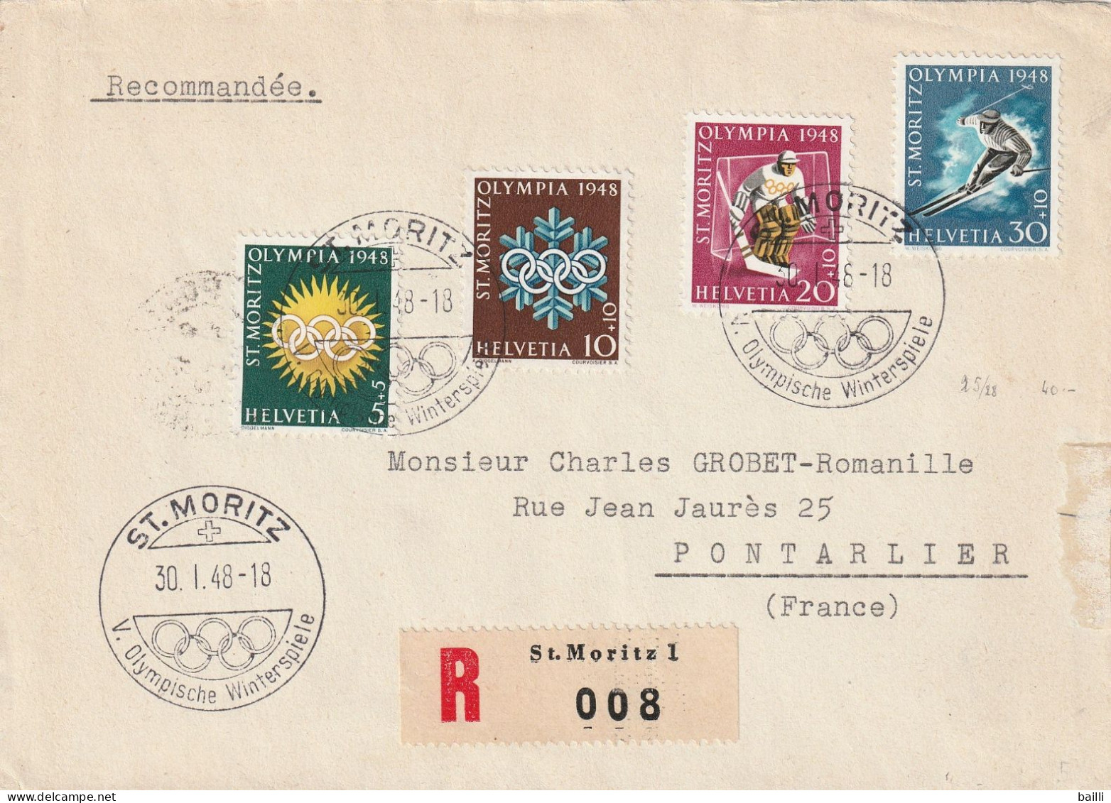 Suisse Lettre Recommandée St Moritz Pour La France Cachet Illustré Jeux Olympiques 1948 - Marcofilia