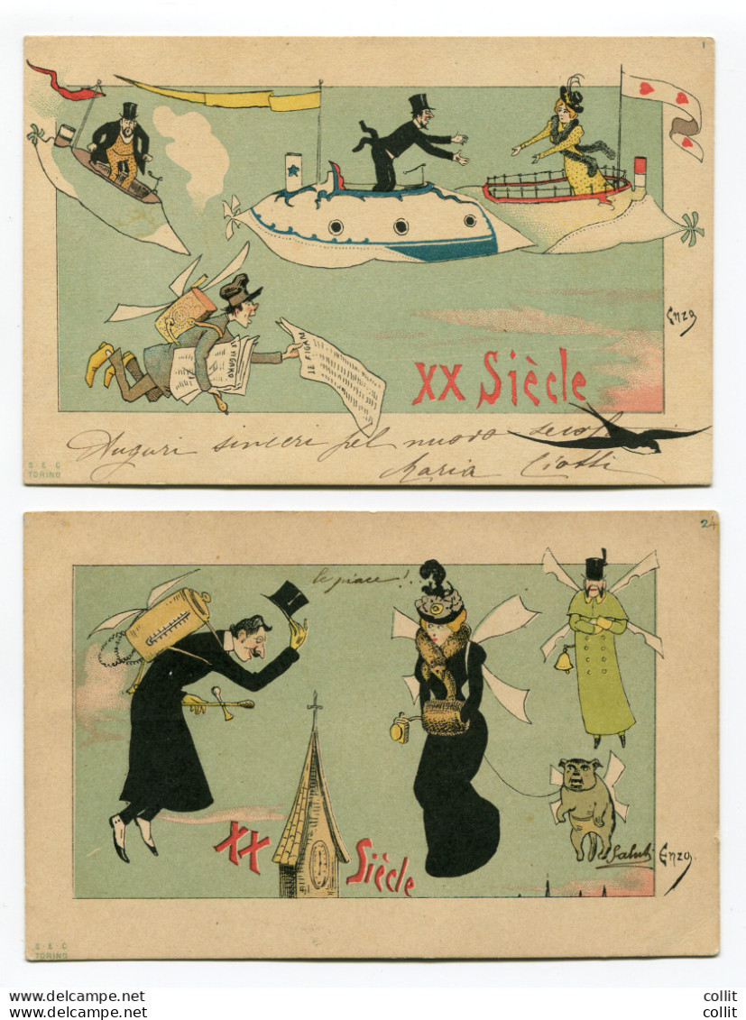 1900 Due Cartoline Caricaturali "XX Secolo" Disegnatore Enzo Van Dock - Poststempel