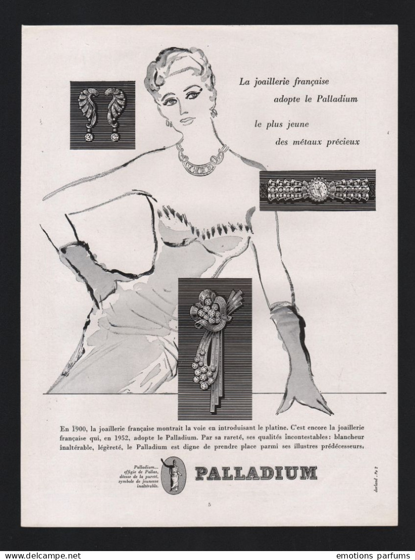 Pub Papier 1952 MONTRE Bijoux Horlogerie PALLADIUM  Montres Dessin Femme Pin Up - Werbung