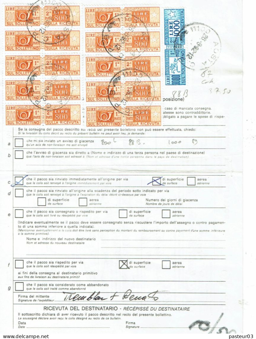 Italie Colis Postaux N° 67 (rare) Plus 88 B X 10 Sur Colis Postal Du 26-08-1982 - 1981-90: Marcofilie