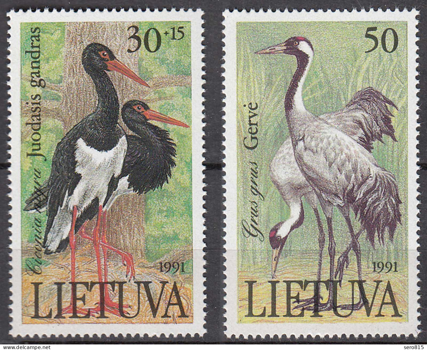 Litauen - Lithuania Mi 489-90 ** MNH 1991 Coloured Animals Stork + Crane  (65548 - Lituanie