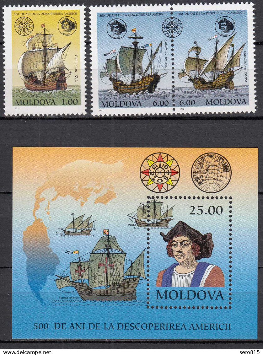 Moldawien - Moldova 1992 Mi.46-48 + Block 3 ** MNH  500 Jahre Entdeckung Amerika - Moldavia