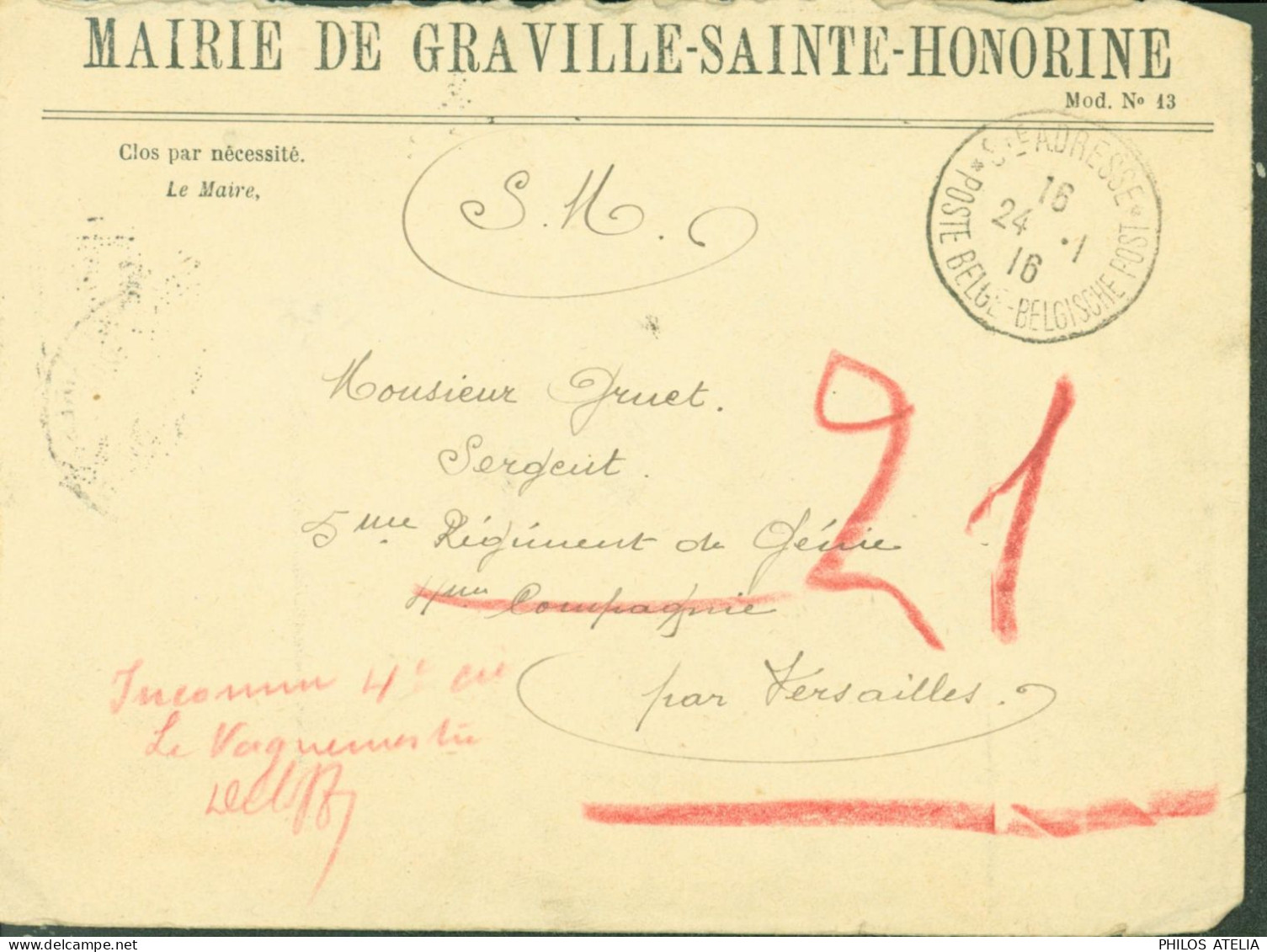 Mairie De Graville Sainte Honorine CAD Ste Adresse Poste Belge Belgische Post 16  24 1 16 FM - Storia Postale