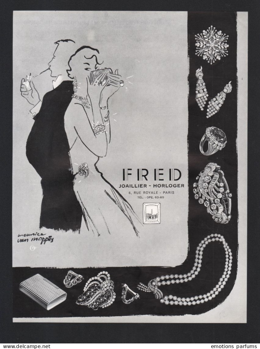 Pub Papier 1951 MONTRE Bijoux Horlogerie FRED  Montres Dessin Femme Pin Up  Signé Maurice Van Moppes - Publicités