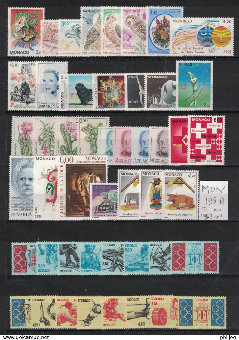 Monaco - Année 1993 Complète - Neuve SANS Charnière - 59 Timbres Du 1854 à 1914 - Complete MNH Year 1993 - Annate Complete