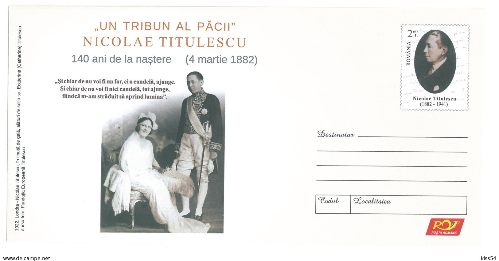 IP 2022 - 5 Nicolae TITULESCU With His Wife In LONDON, Romania - Stationery - Unused - 2022 - Postal Stationery