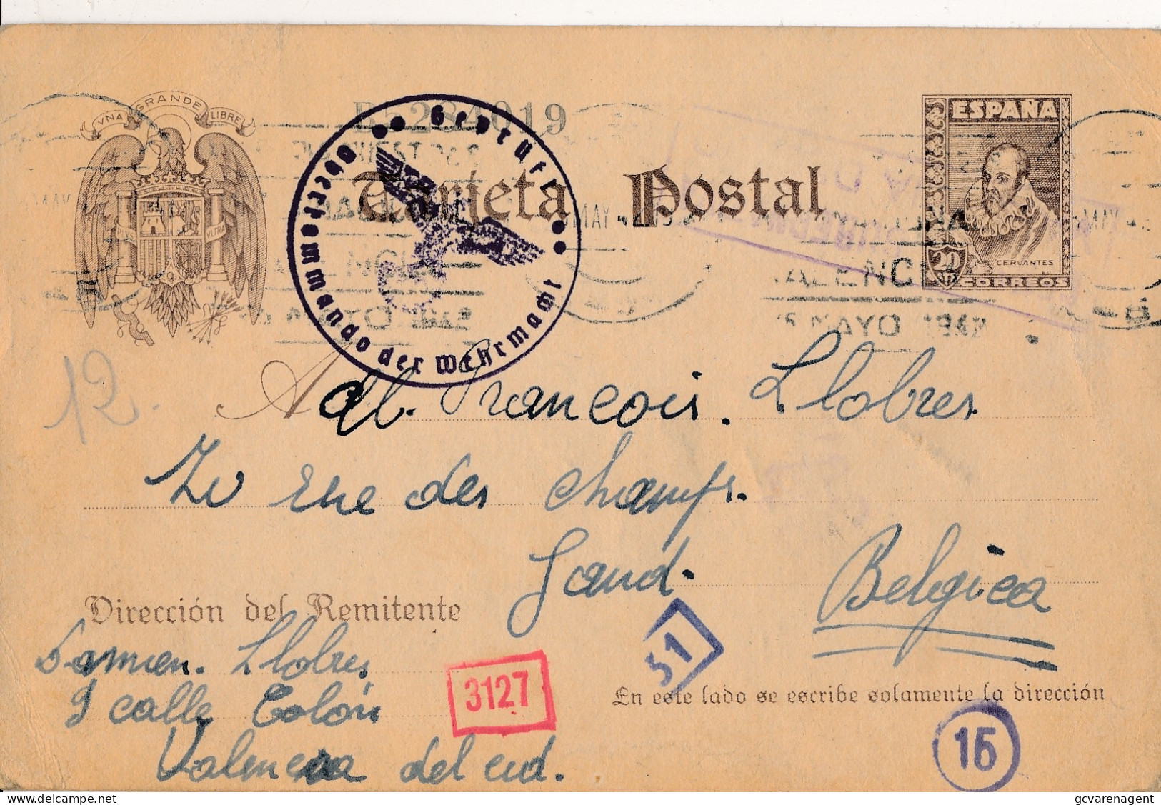 1942   NAZI EMBLEEM - VALENCIA   TO GAND BELGICA    2 SCANS - Lettres & Documents