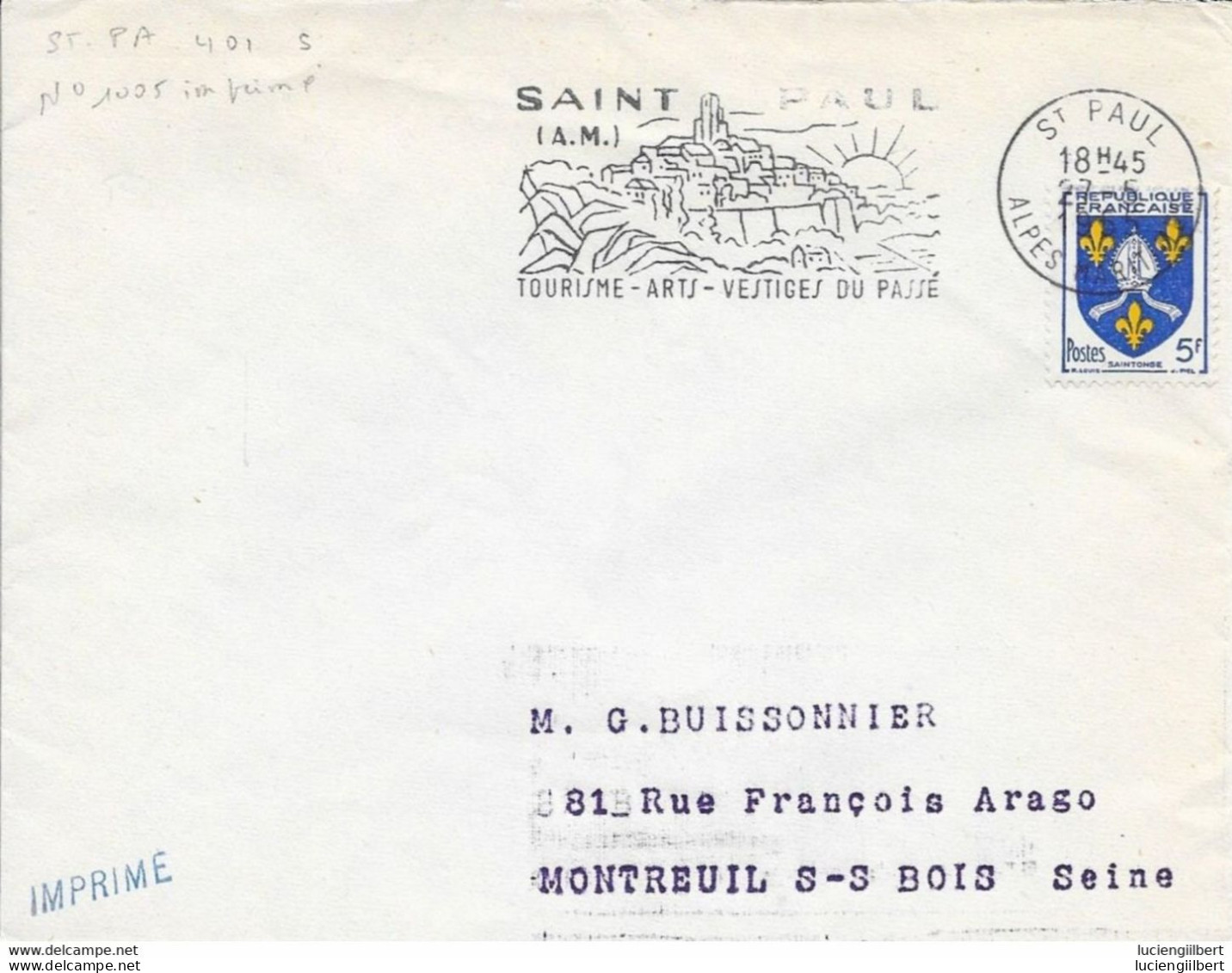 ALPES MARITIMES -  ST PAUL - N°  ST PA 401 S - SAINT PAUL (A.M.) TOURISME ART VESTIGES DU PASSE -   1956  BELLE FRAPPE - Annullamenti Meccanici (pubblicitari)