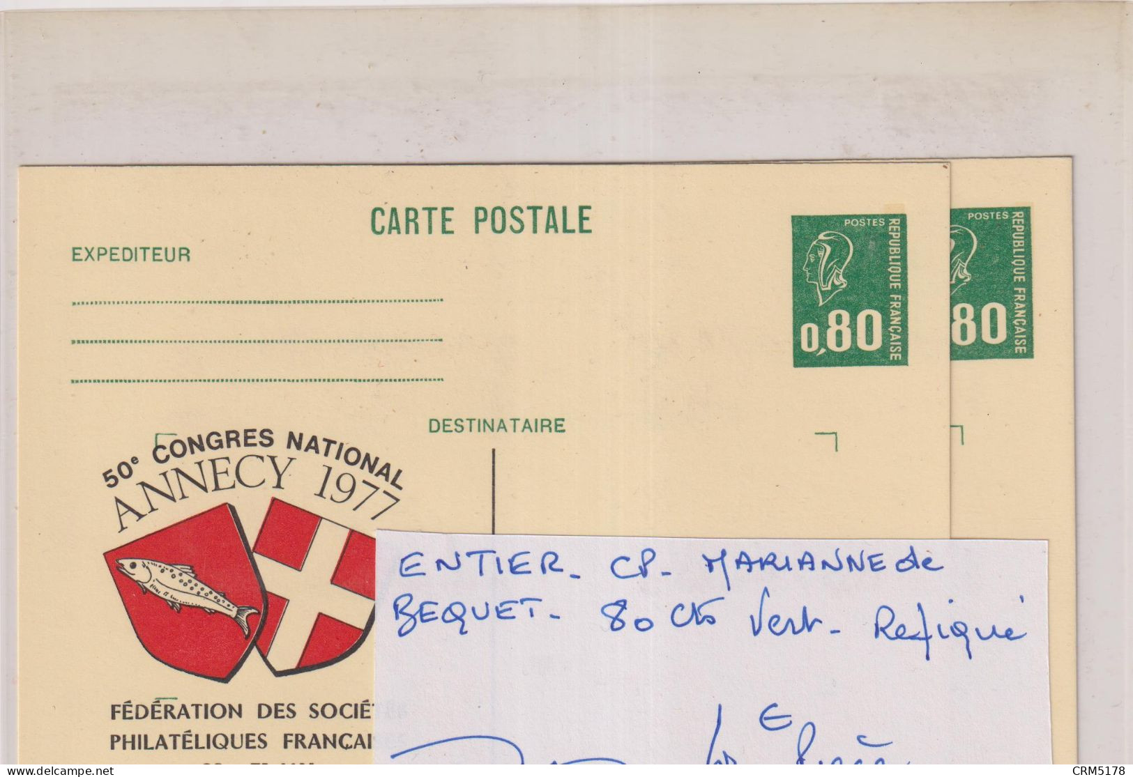 TP ENTIER S/ CARTE-POSTALE-MARIANNE DE BEQUET-80 CTS VERT REPIQUE-1977-50e.congres Philathélique.à ANNECY 1977 - 1961-....