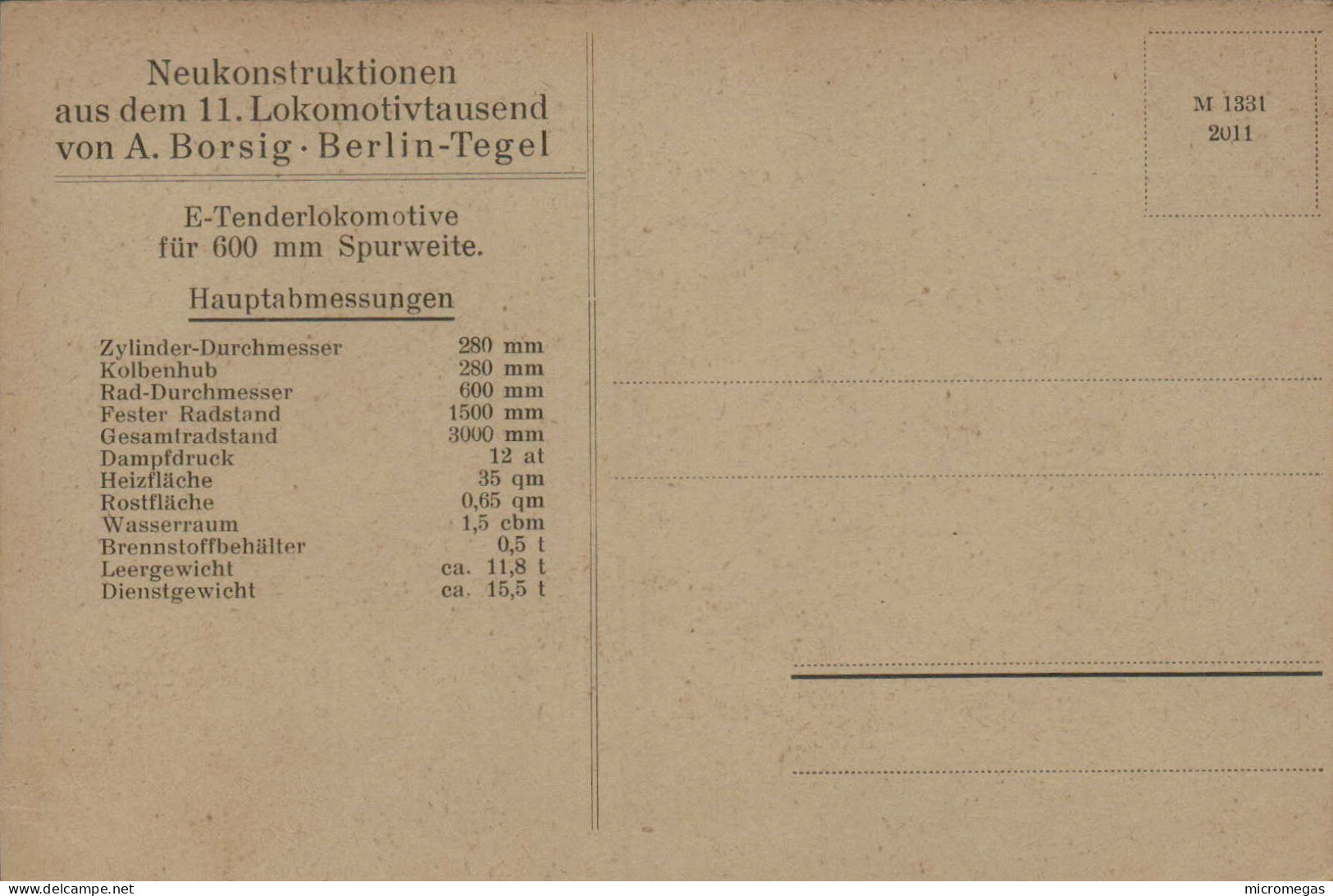 Neukonstruktionen Aus Dem 11. Lokomotivtausend Von A. Borsig-Berlin-Tegel - E Tenderlokomotive Für 600 Mm Spurweite - Treni