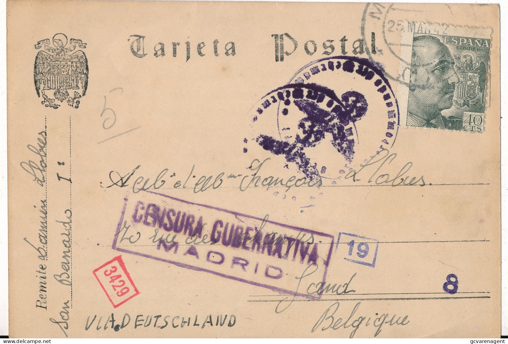 1942   NAZI EMBLEEM - CENSURA GUBERNATIVA MADRID - MADRID   TO GAND BELGICA    2 SCANS - Lettres & Documents