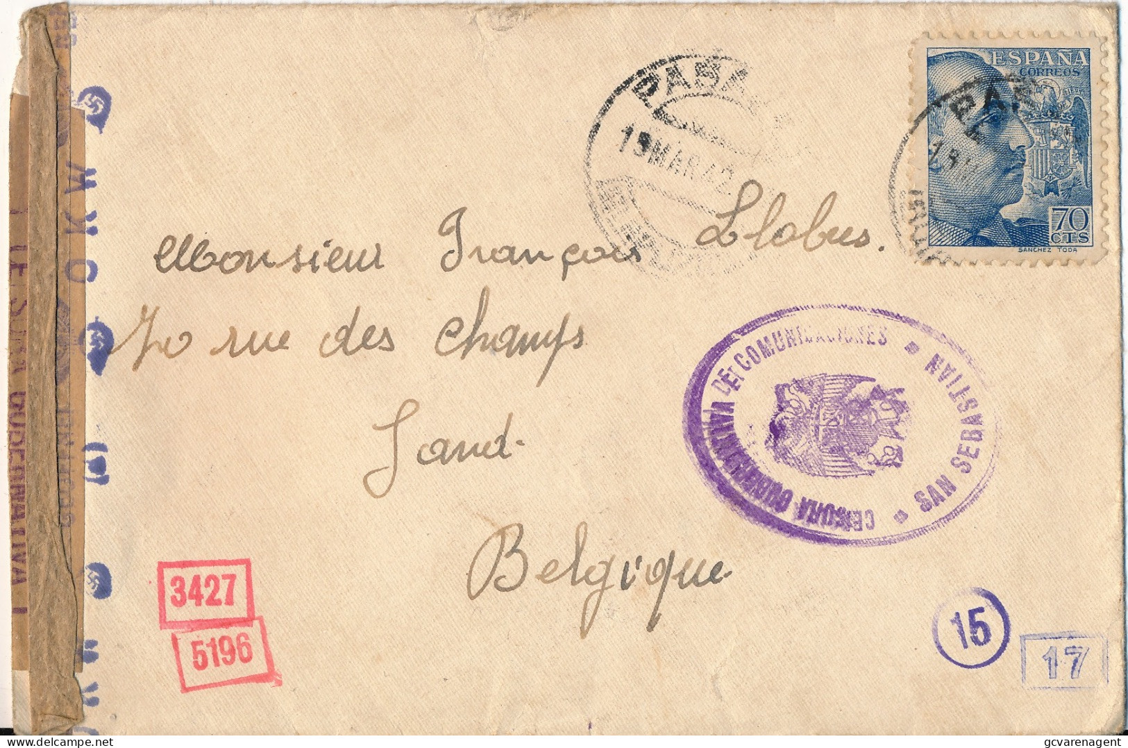 1942   - CENSURA SAN SEBASTIAN - GEÖFFNET  -   TO GAND BELGICA    2 SCANS - Lettres & Documents