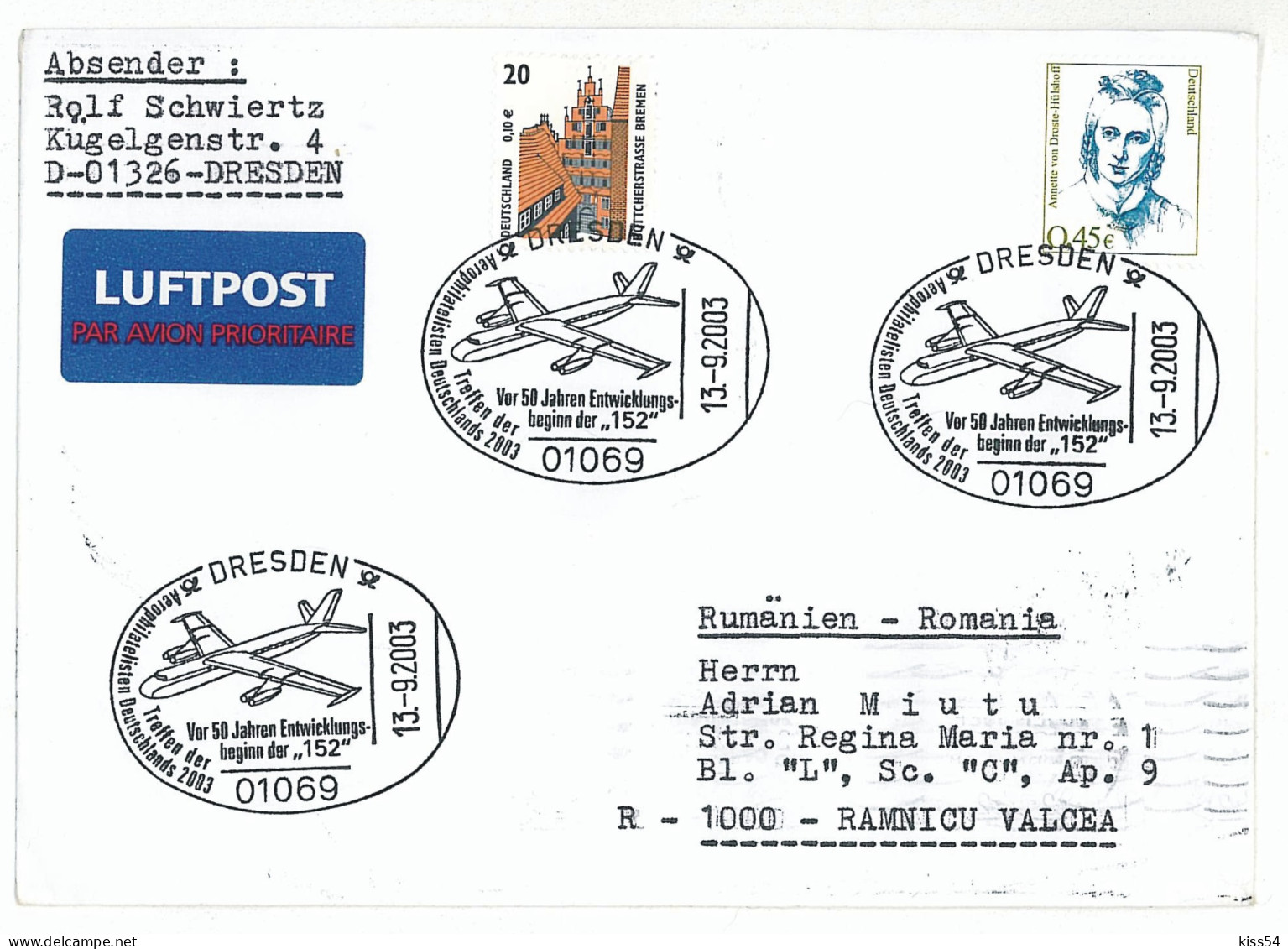 COV 08 - 1049-a AIRPLANE, Germany - Cover - Used - 2003 - Vliegtuigen