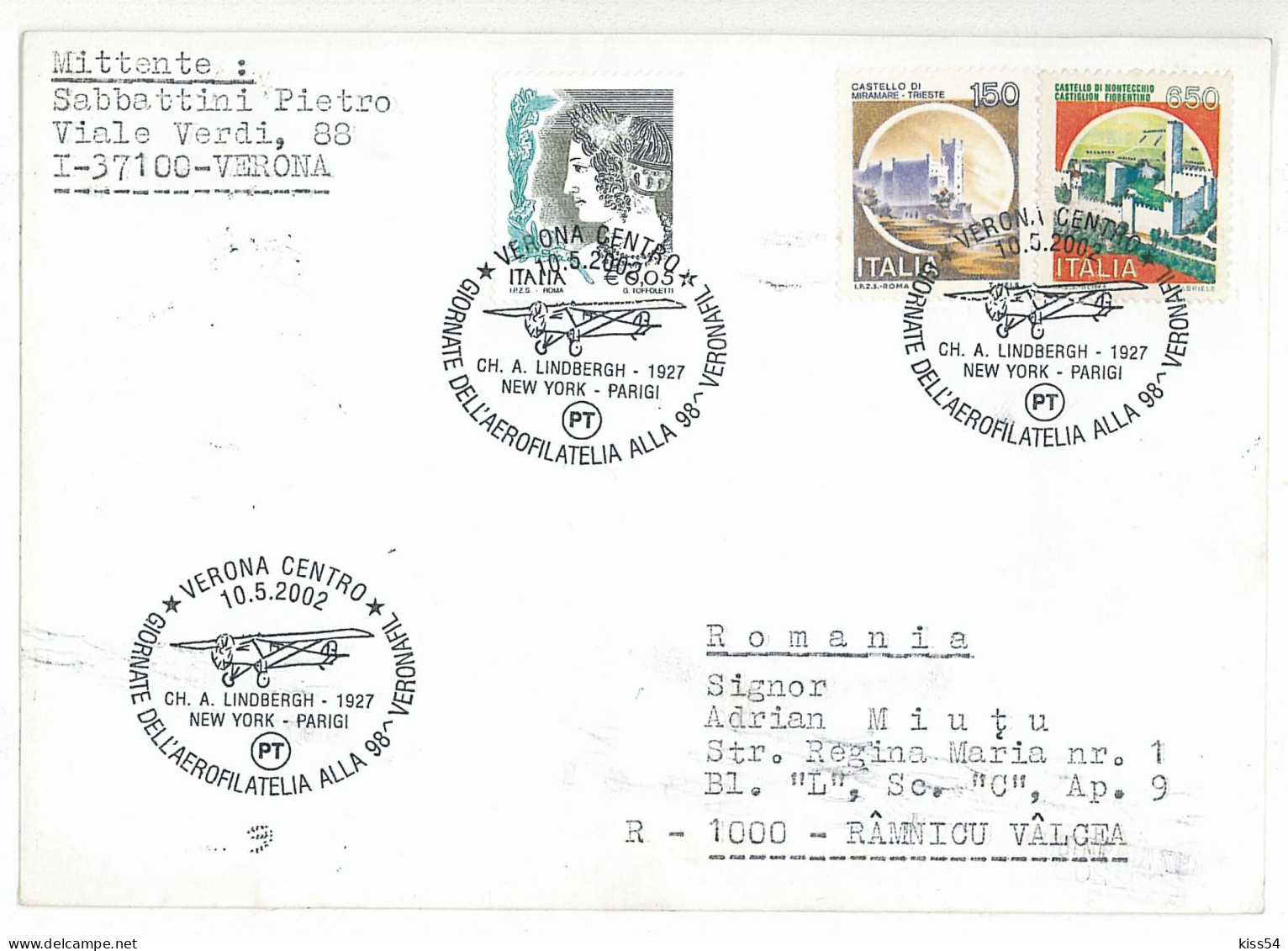 COV 08 - 1041-a AIRPLANE, ITALY - Cover - Used - 2002 - Vliegtuigen