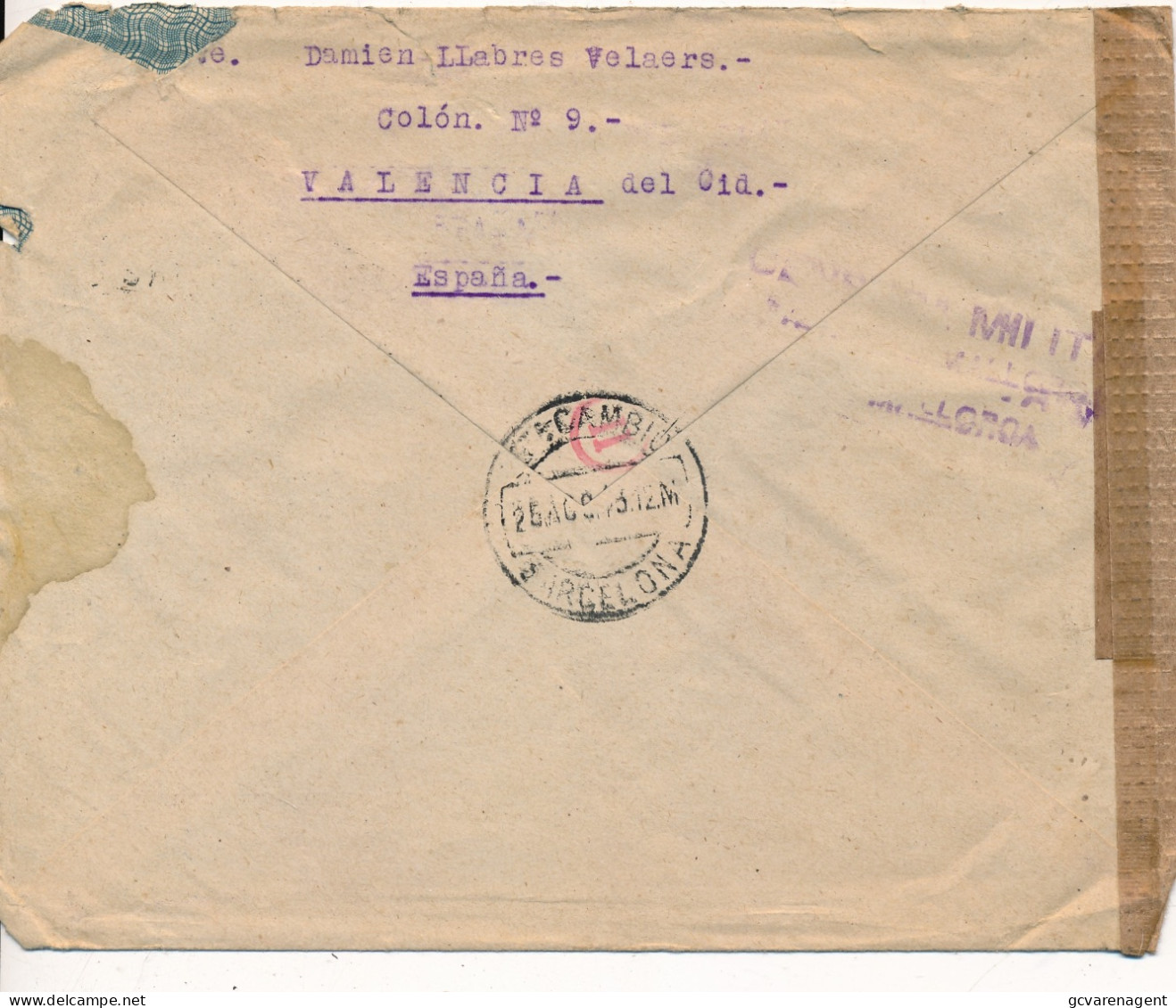 1943 NARANJERA UNIVERSAL  VALENCIA  - GEÖFFNET  -   TO GAND BELGICA    2 SCANS - Lettres & Documents