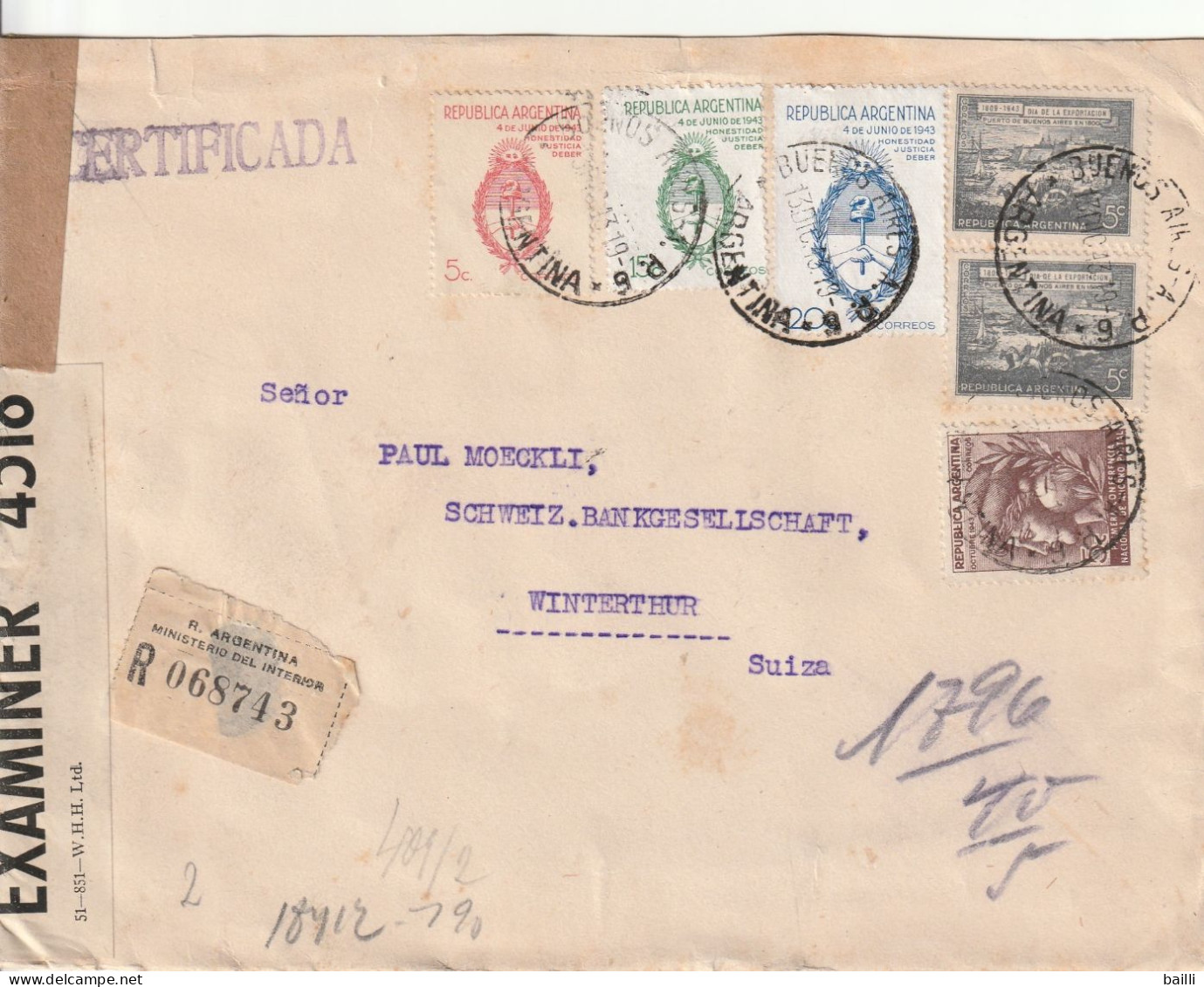 Argentine Lettre Recommandée Censurée  Pour La Suisse 1943 - Lettres & Documents